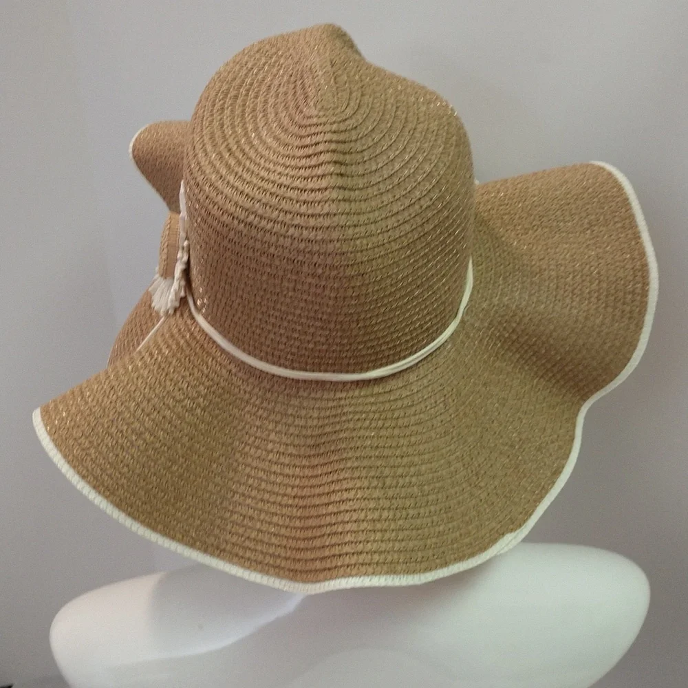 Floppy Hat With Flower Neutral 2-tone Boho Casual Country Vacation Minimalist - Picture 6 of 17